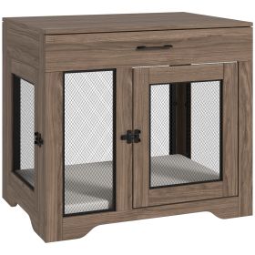 PawHut Dog Crate Furniture with Soft Water-Resistant Cushion, Dog Crate End Table with Drawer, Puppy Crate for Small Dogs Indoor with 2 Doors, Br